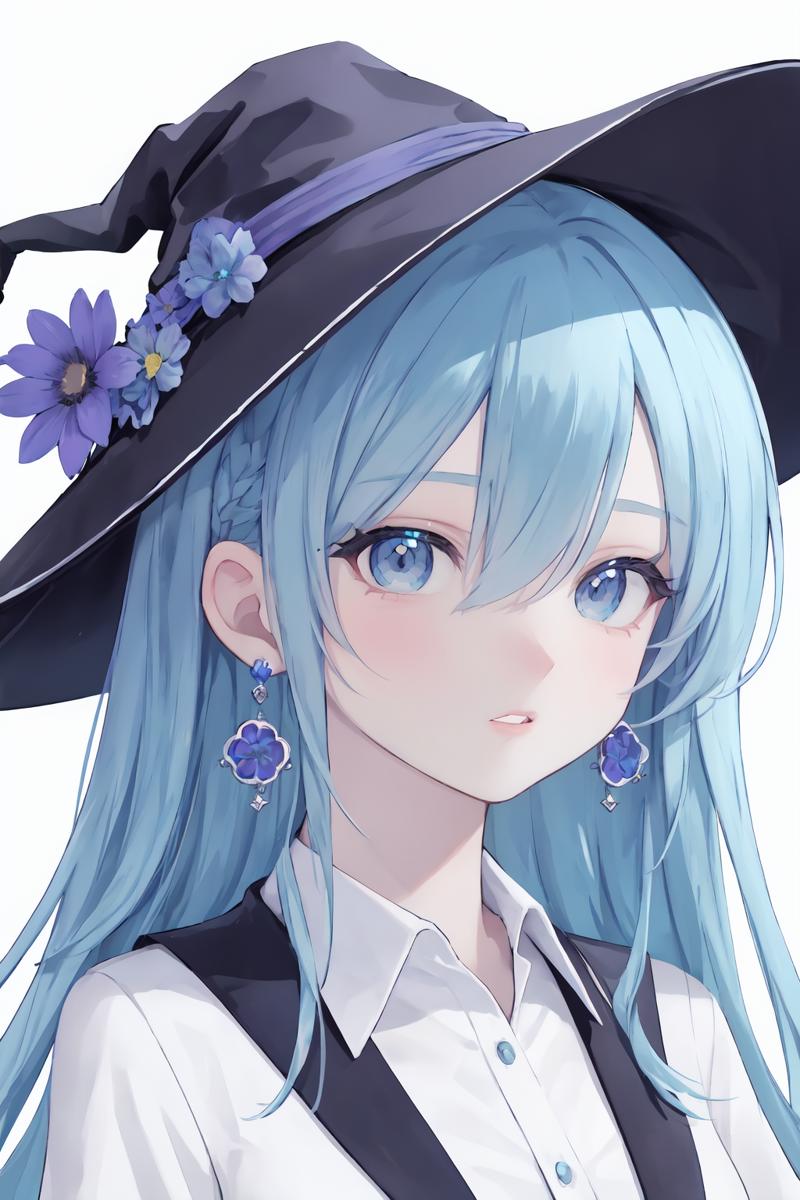 08775-703627788-solo,flower,hat,hat flower,1girl,blue hair,looking at viewer,earrings,long hair,witch hat,jewelry,white background,hair between.png